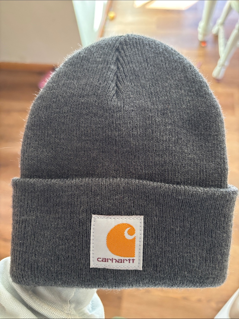 Carhartt Gray Cuffed Knit Beanie with Orange Logo Patch